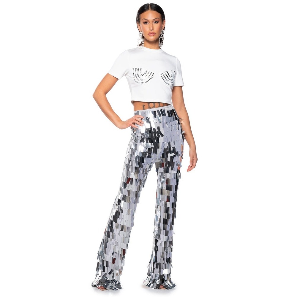 Akira Val Stretch Sequin Pant Silver High Rise Flare Leg AK-7427 Womens S